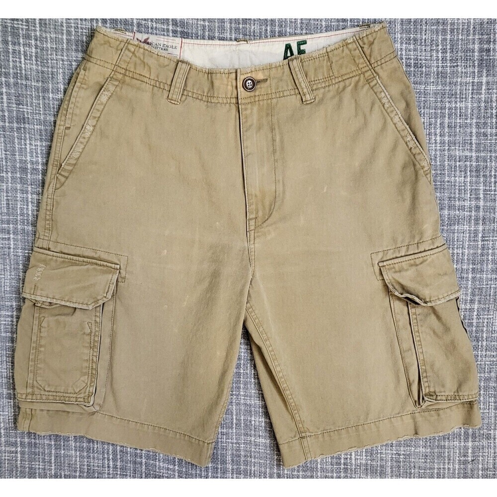Y2K American Eagle Authentic Cargo Shorts Skater Khaki Distressed Men's 32x10